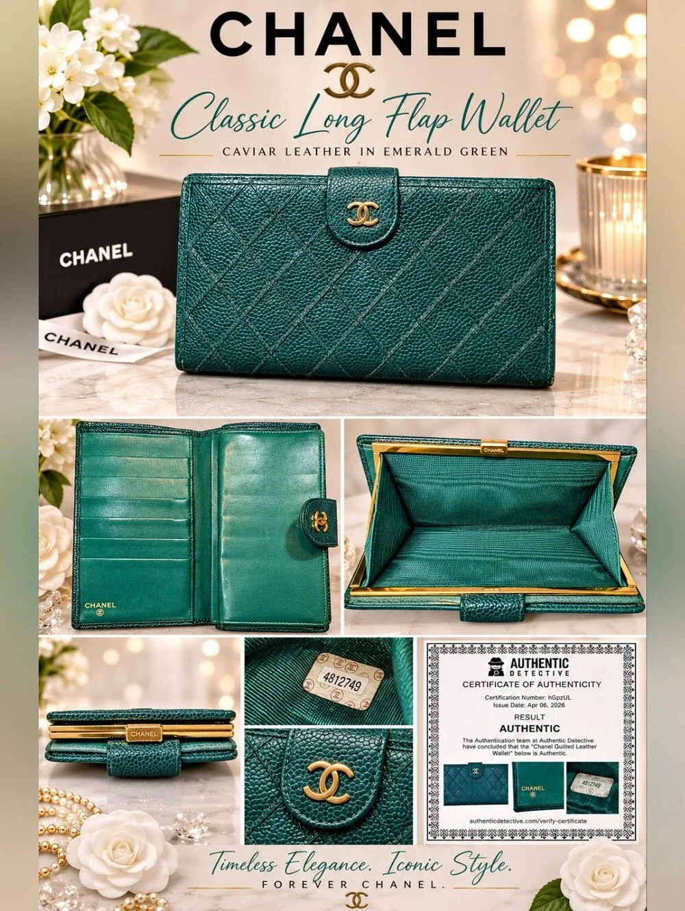 Vintage Chanel Caviar Classic Long Flap Wallet in Emerald Green - WITH COA